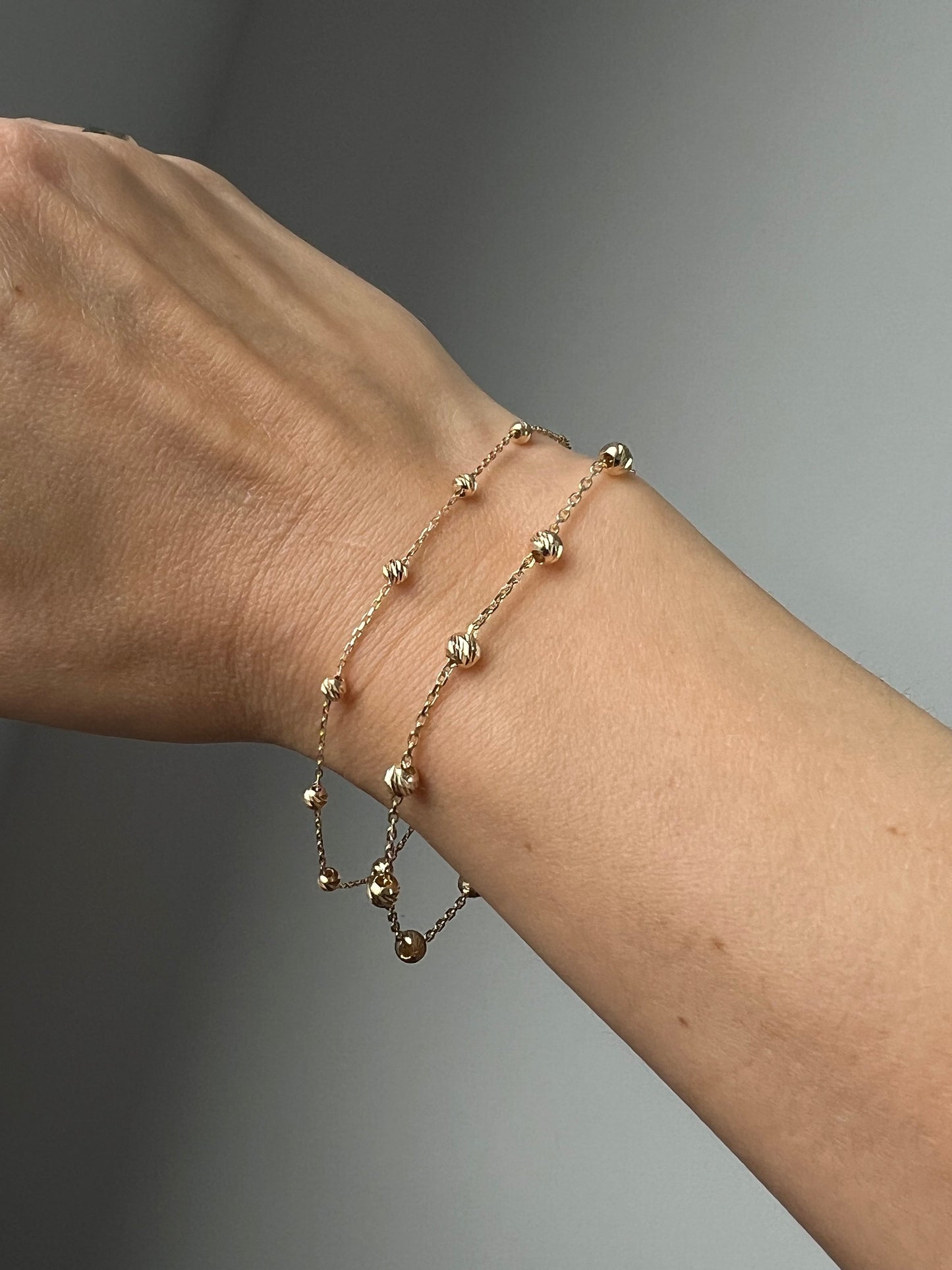 Diamond cut Ball Style Chain Station Bracelet Solid 14K Yellow, White, Rose Gold, women, men, minimalist, classic, oval chain, beads jewelry