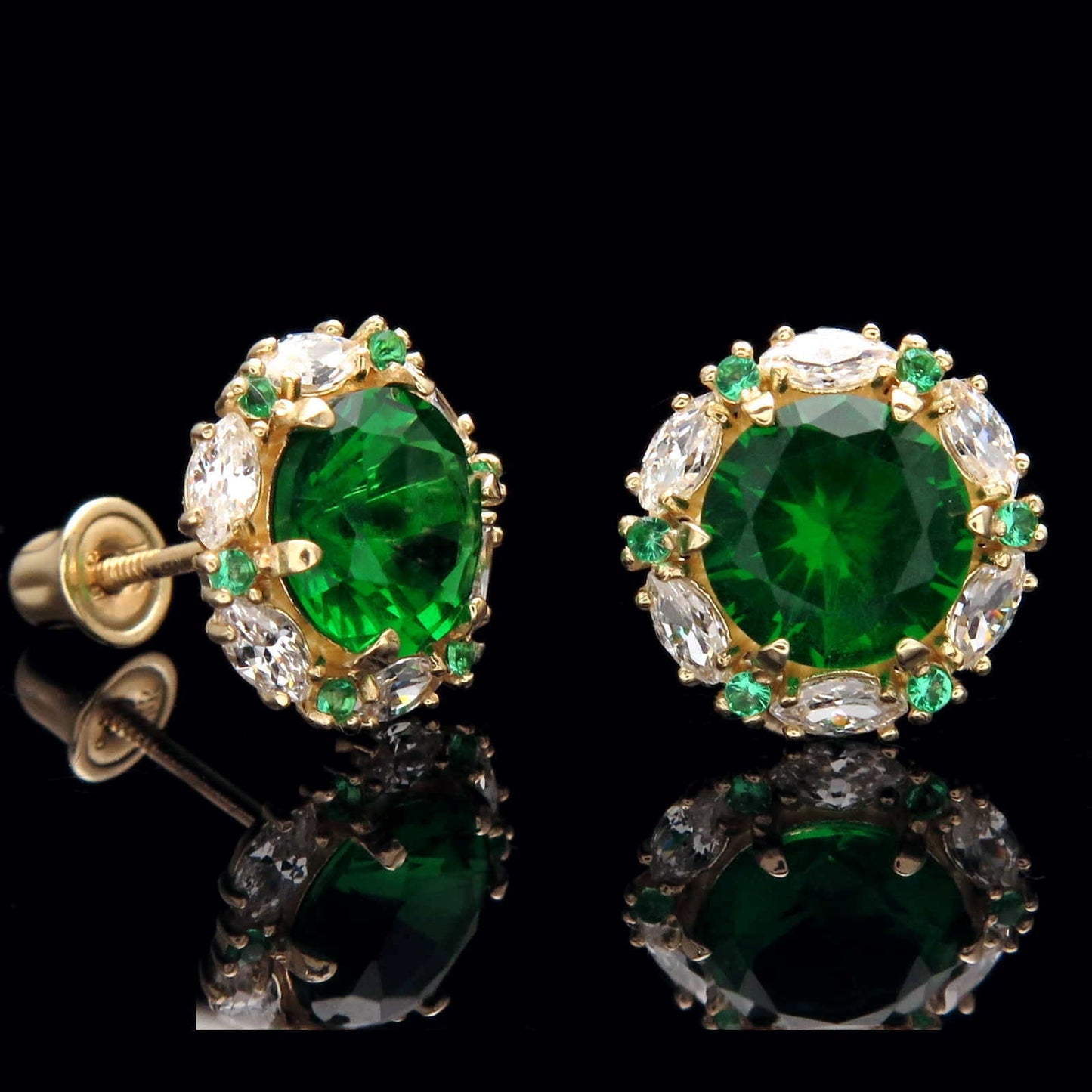 Marquise Halo Stud Earrings 2.00 CT Green Emerald Created Diamond 14k Yellow gold, 14k White Gold