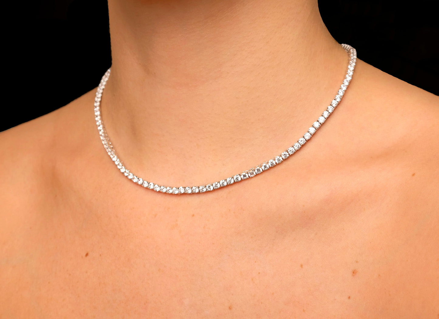 Tennis Necklace 3mm 13.75-78.00TCW Round Created Diamond 925 Solid Sterling Silver Chain