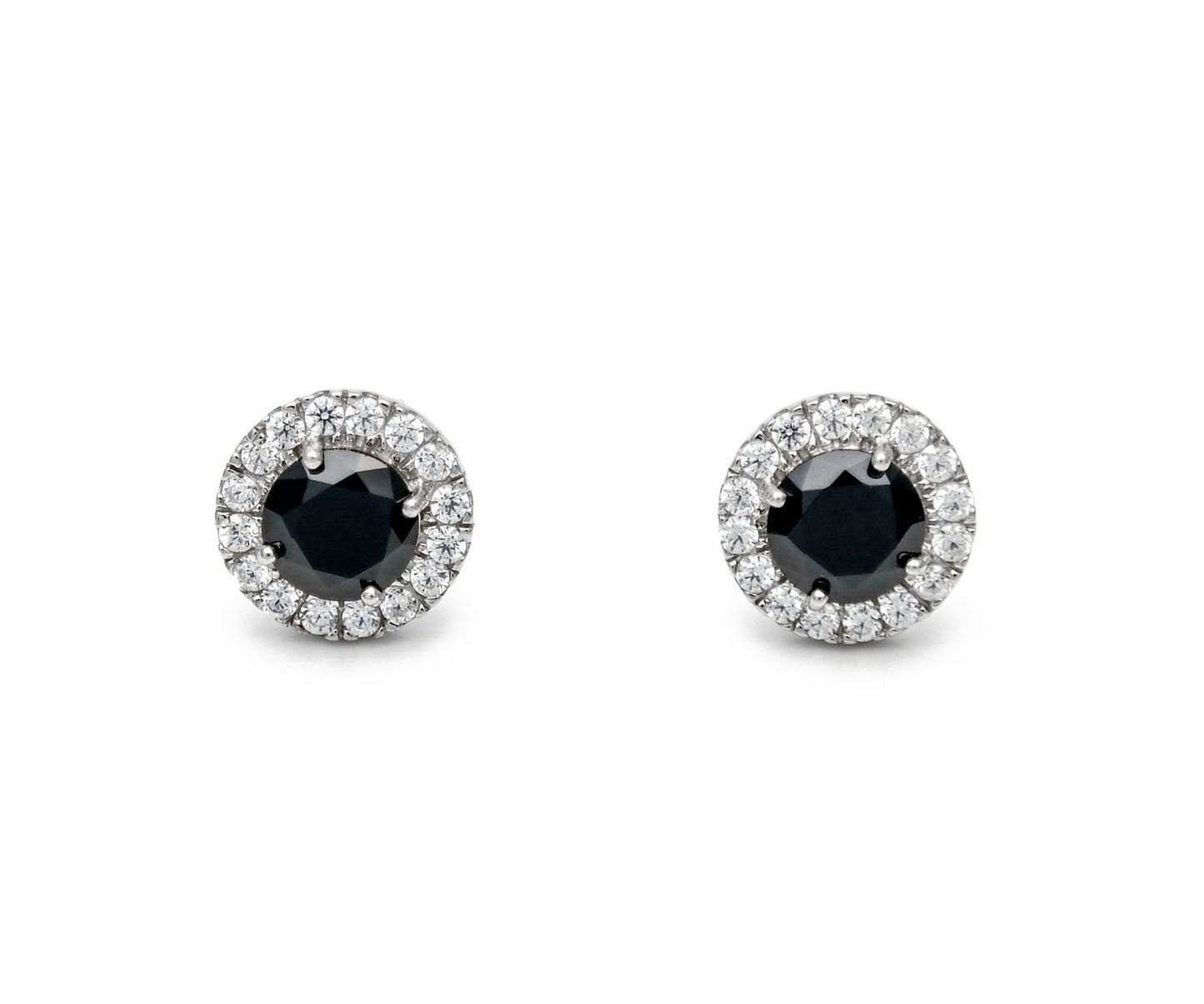 Halo Created Black & Clear Diamond Round Earrings 925 Sterling Silver 8mm / 10mm