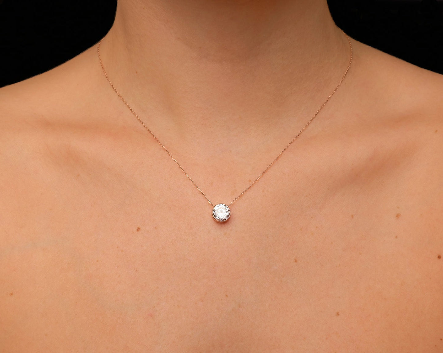 Bezel Necklace 2.00ct Brilliant Created Diamond 16" + 2" Chain Solid 14k Yellow Gold/ 14k While Gold 14K Rose Gold / Pendant Set