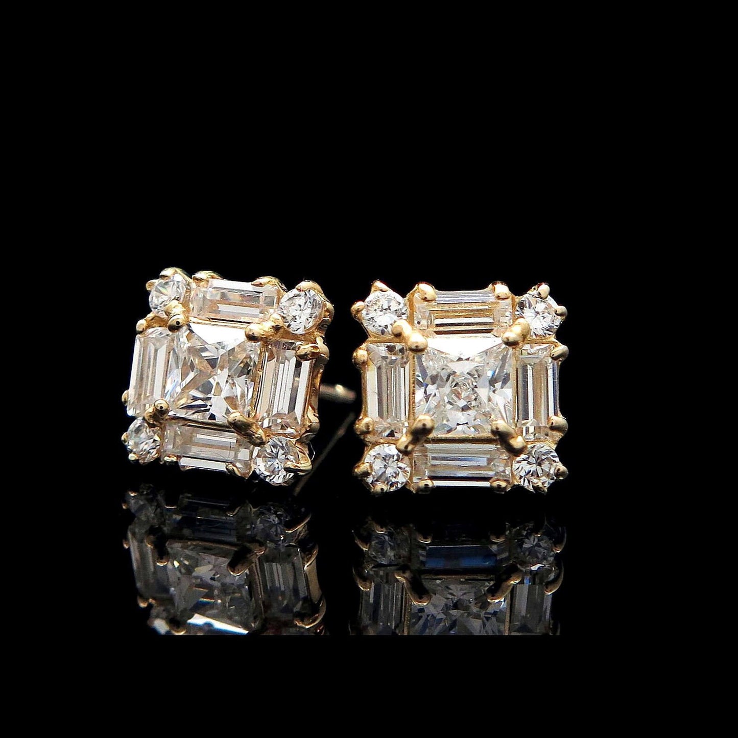 Princess Baguette Round Created Diamond Cluster Earrings 14K Yellow or White Gold, for women