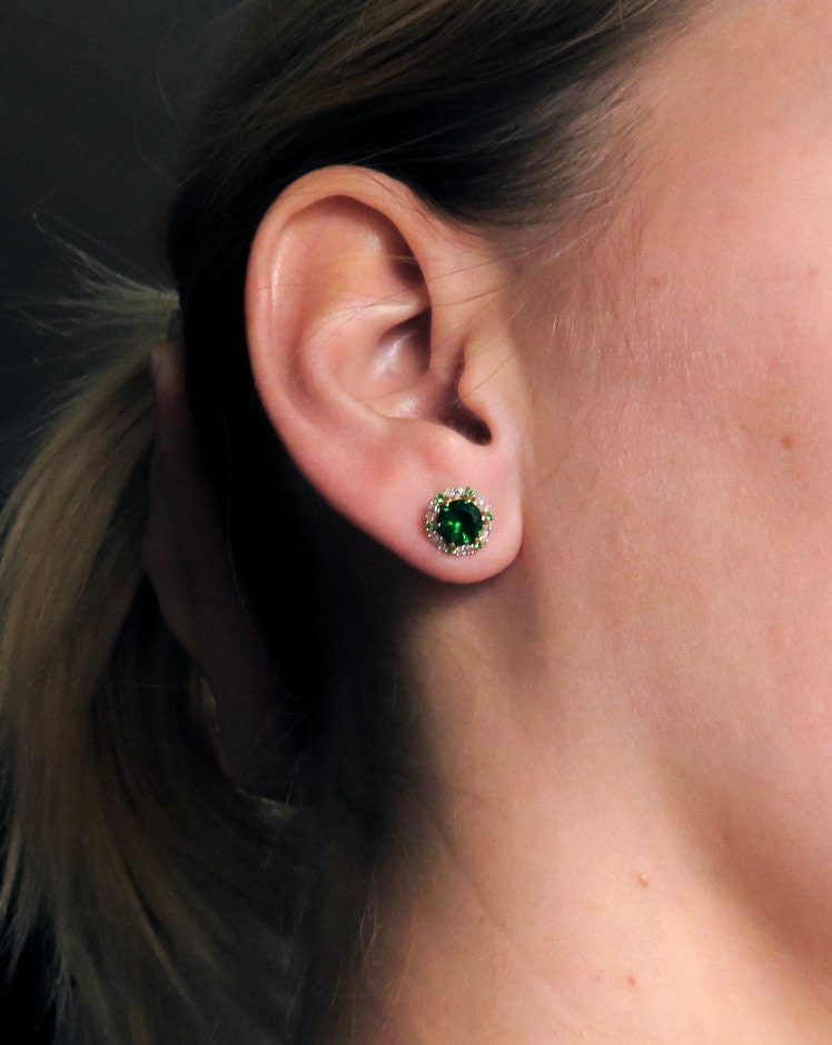 Marquise Halo Stud Earrings 2.00 CT Green Emerald Created Diamond 14k Yellow gold, 14k White Gold