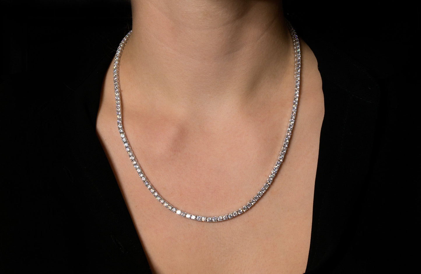 Tennis Necklace 3mm 13.75-78.00TCW Round Created Diamond 925 Solid Sterling Silver Chain