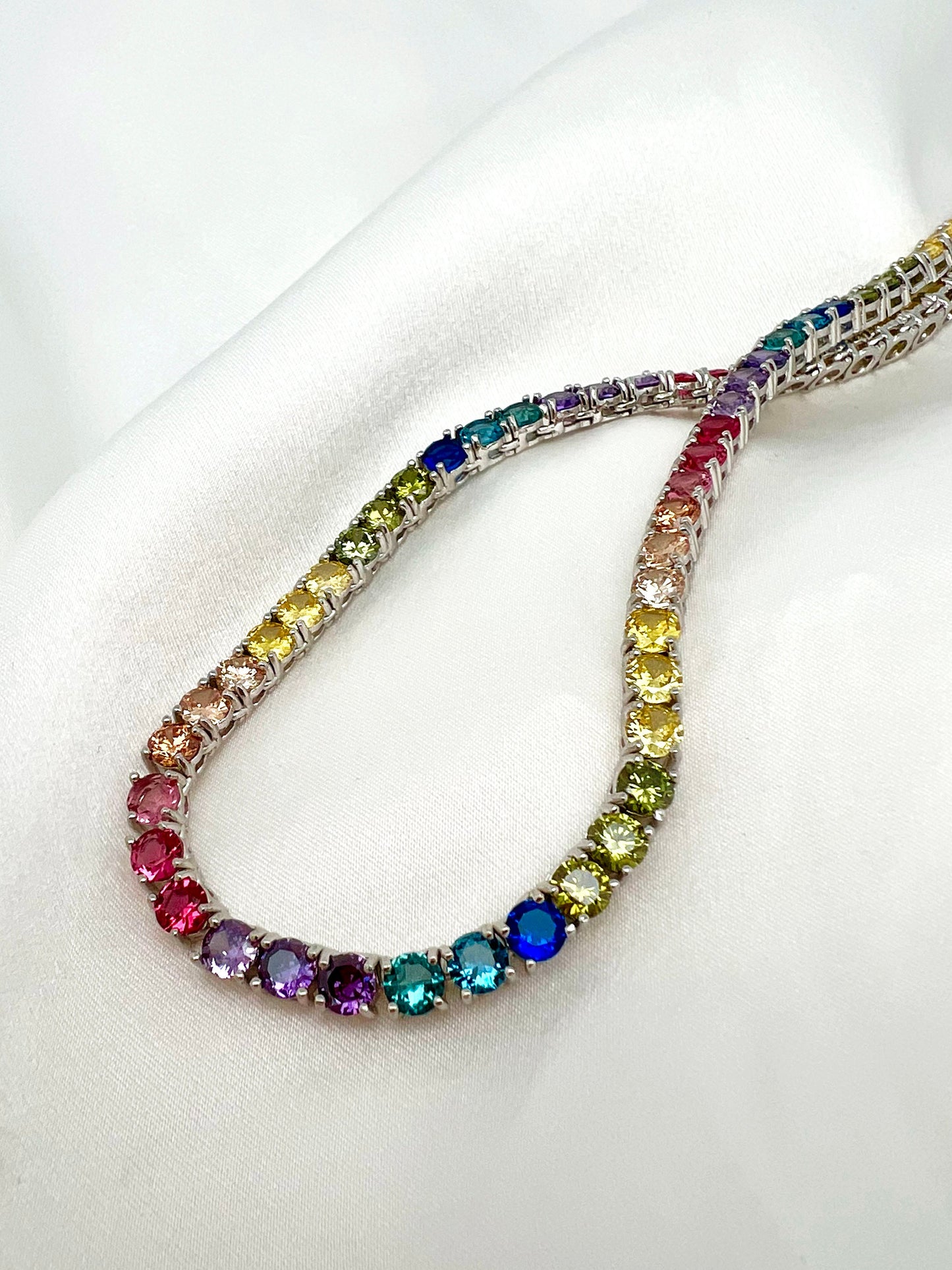 Tennis Necklace 4mm 25.00TCW Round Color Gemstone Rainbow 925 Solid Sterling Silver Chain