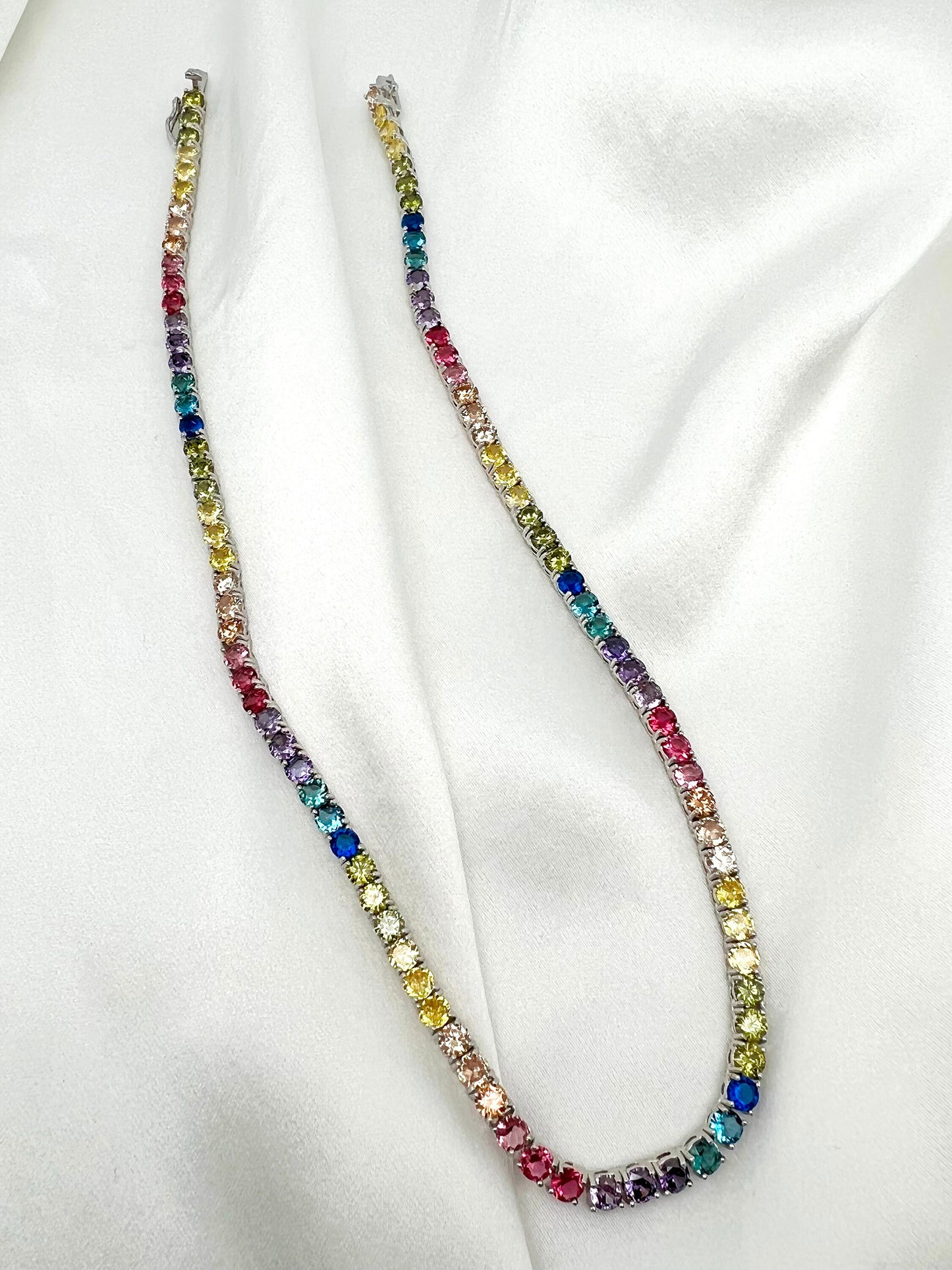 Tennis Necklace 4mm 25.00TCW Round Color Gemstone Rainbow 925 Solid Sterling Silver Chain