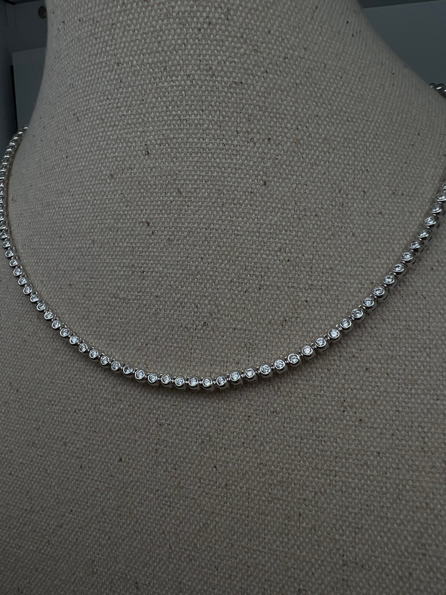 Tennis Necklace 3mm/4mm 12.98/22.25 TCW Bezel Round Created Diamond 925 Solid Sterling Silver/Gold Tone Chain