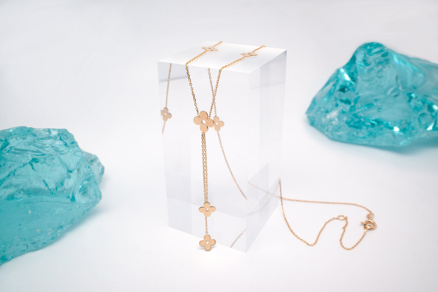 Flower Clover Lucky Charm 14k Solid Yellow Gold Y Necklace Chain