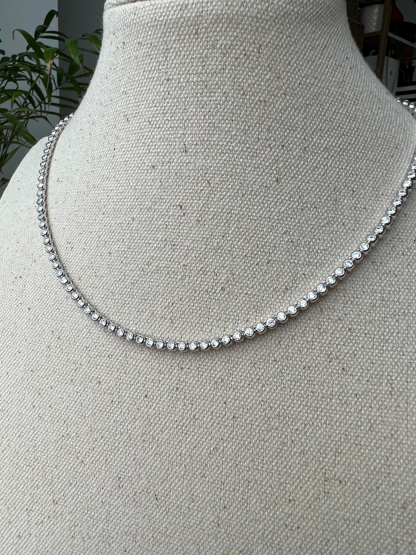 Tennis Necklace 3mm/4mm 12.98/22.25 TCW Bezel Round Created Diamond 925 Solid Sterling Silver/Gold Tone Chain