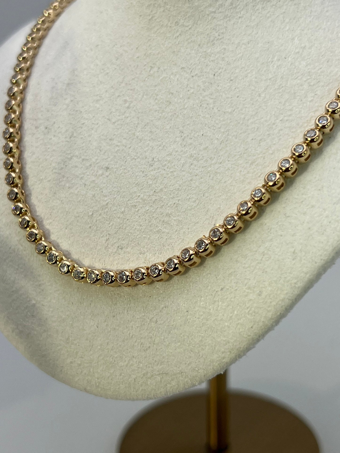 Tennis Necklace 3mm/4mm 12.98/22.25 TCW Bezel Round Created Diamond 925 Solid Sterling Silver/Gold Tone Chain