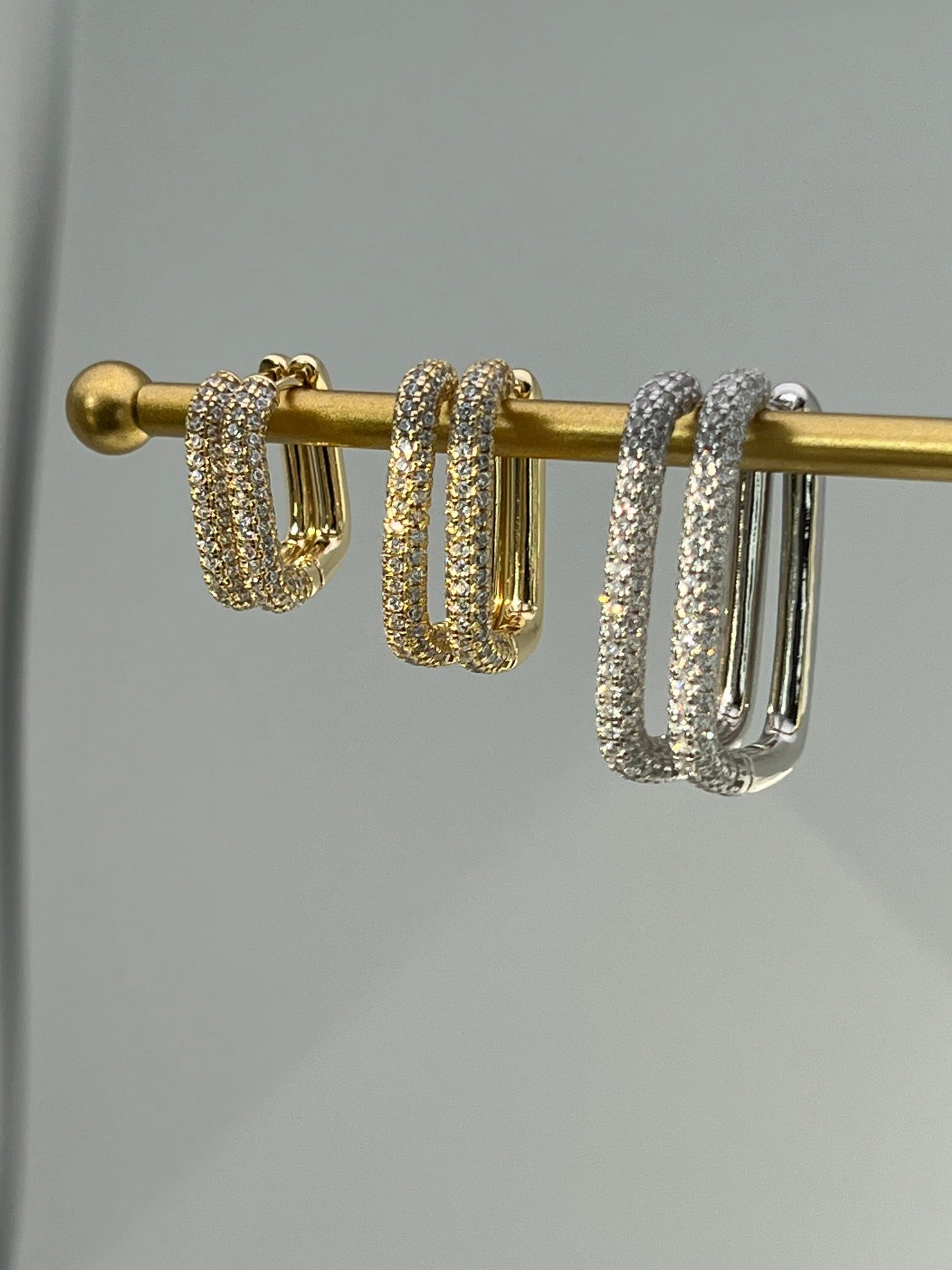 Hoop Rectangular Huggie Earrings Pave Sterling Silver 925/Yellow Gold Tone 925, for men, for women, minimalist