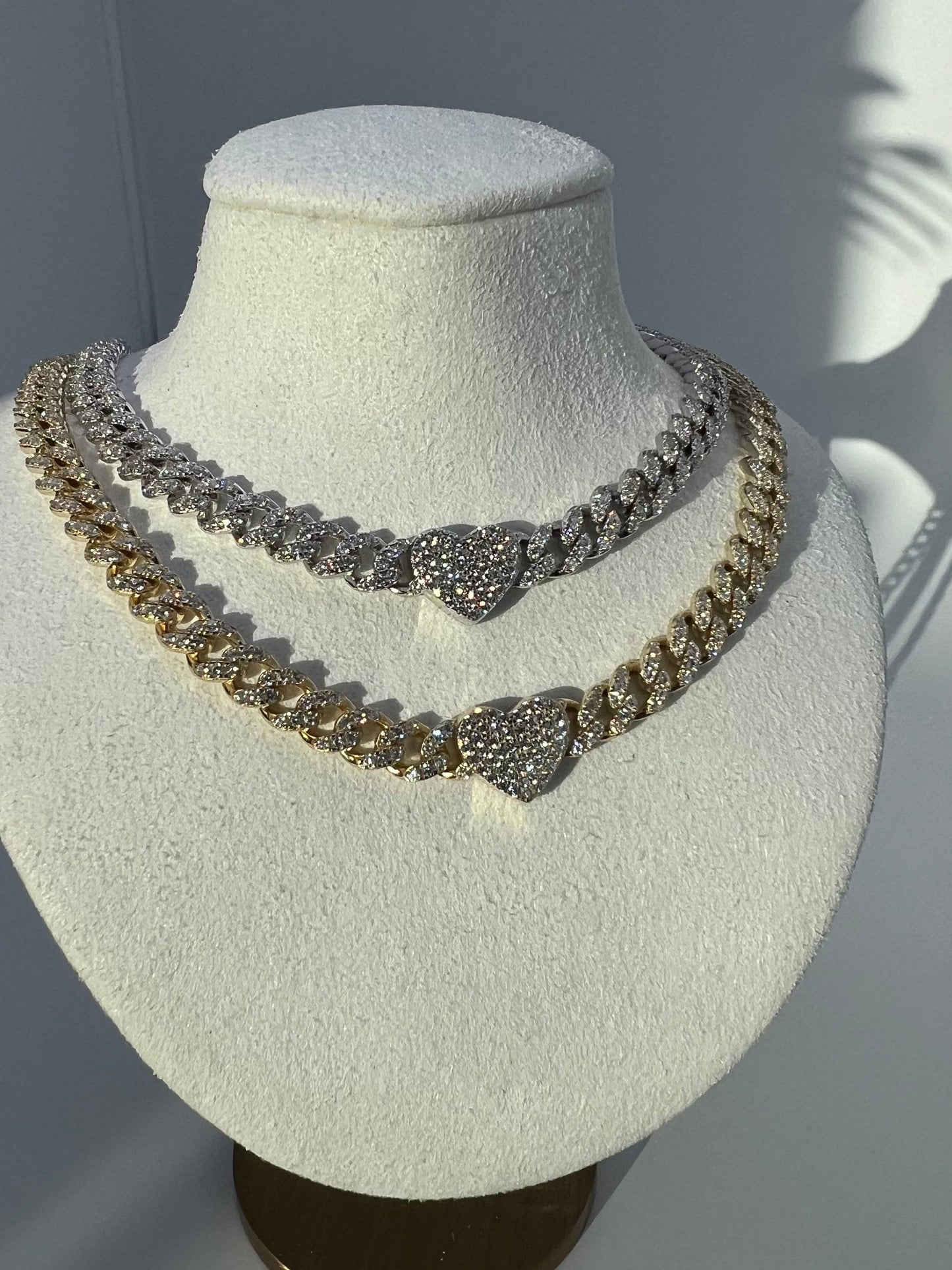 Pave Miami Cuban Curb Link Chain with Heart 6.25mm Created Diamond Necklace Sterling Silver 925 14k Gold Tone 16", for women, for men, wedding