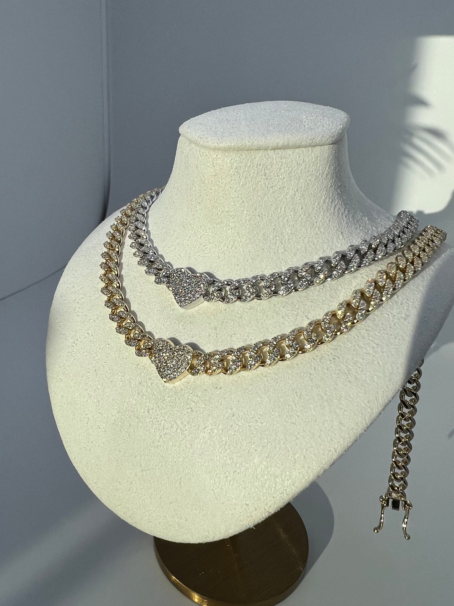 Pave Miami Cuban Curb Link Chain with Heart 6.25mm Created Diamond Necklace Sterling Silver 925 14k Gold Tone 16", for women, for men, wedding