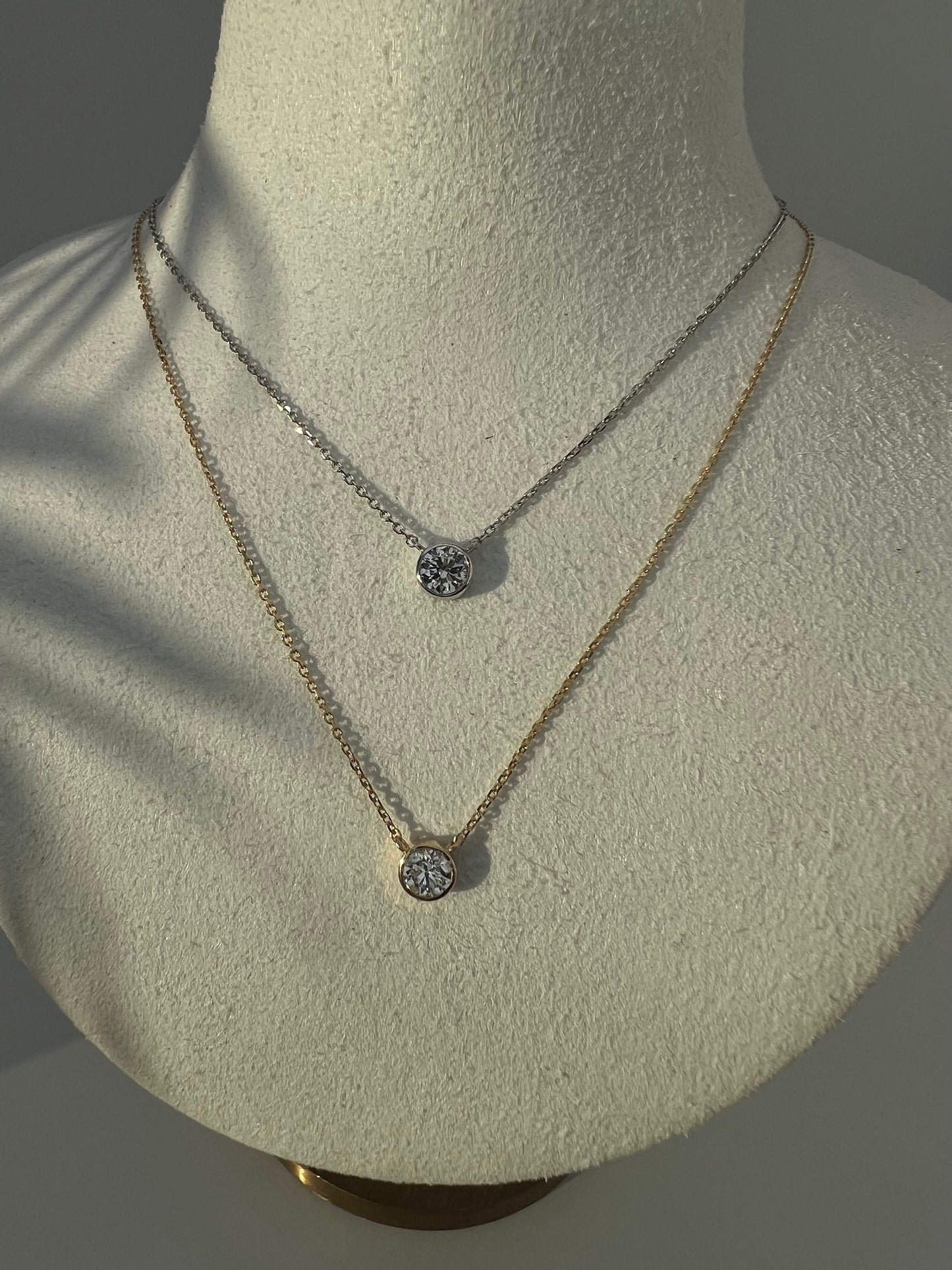 Natural Diamond Necklace Minimalist Solitare Bezel 0.11ct - 0.25ct Brilliant 16" + extension Chain Solid 14k Yellow Gold/14k While Gold, Necklace set, for women