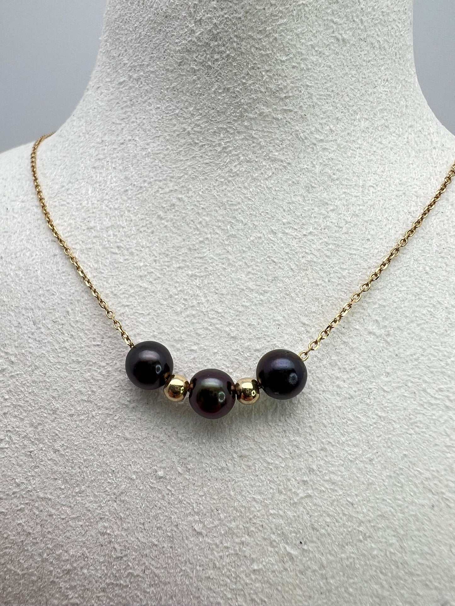 Natural 3 Pearl beaded Necklace Round shape with 14k gold chain 14K Yellow/White Gold clasp and Beads (optional) , Women chain