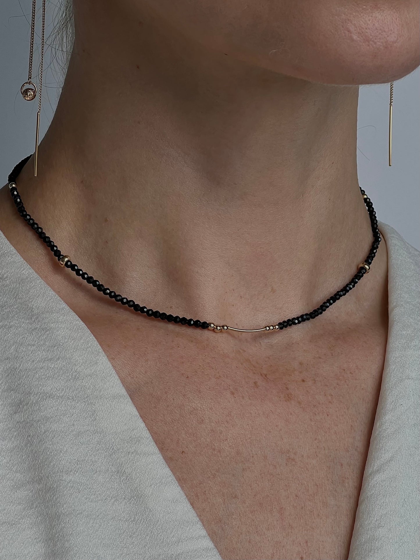 Natural Black Spinel Beaded Necklace Round with 14K Yellow/White Gold clasp and Beads (optional)