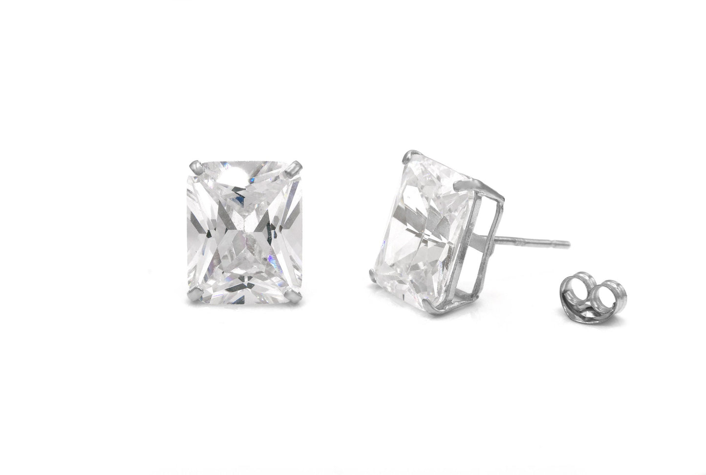 Emerald-Cut Created Diamond Solitaire Earrings Solid 14K Yellow or White Gold Basket Studs, Push-back