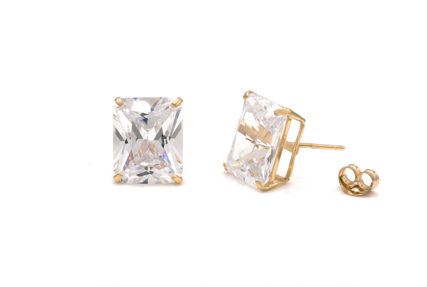 Emerald-Cut Created Diamond Solitaire Earrings Solid 14K Yellow or White Gold Basket Studs, Push-back