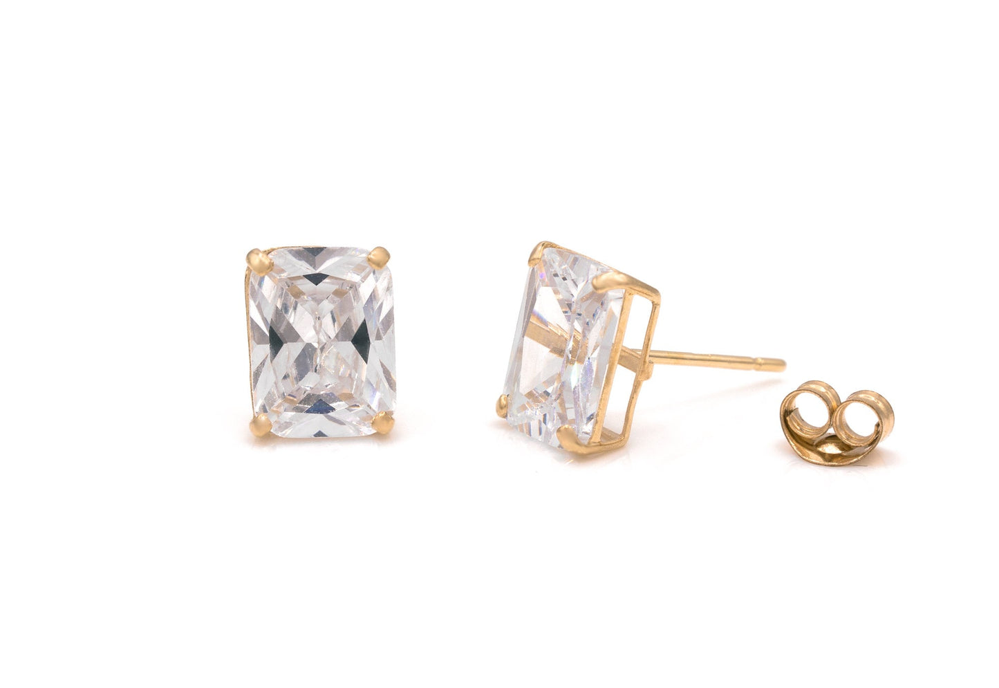 Emerald-Cut Created Diamond Solitaire Earrings Solid 14K Yellow or White Gold Basket Studs, Push-back