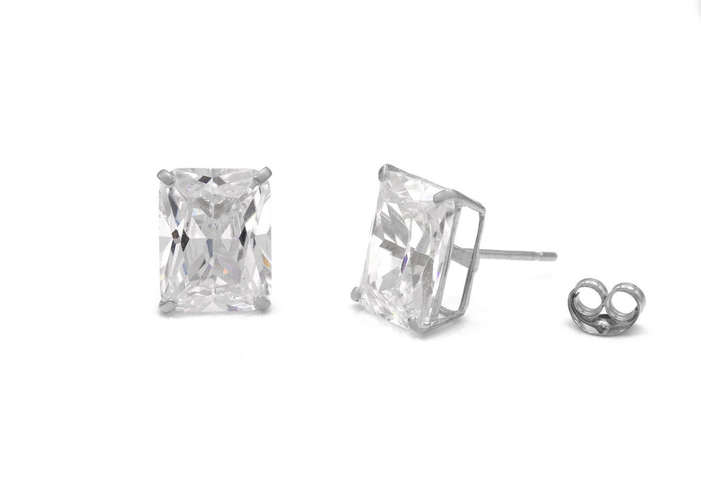 Emerald-Cut Created Diamond Solitaire Earrings Solid 14K Yellow or White Gold Basket Studs, Push-back