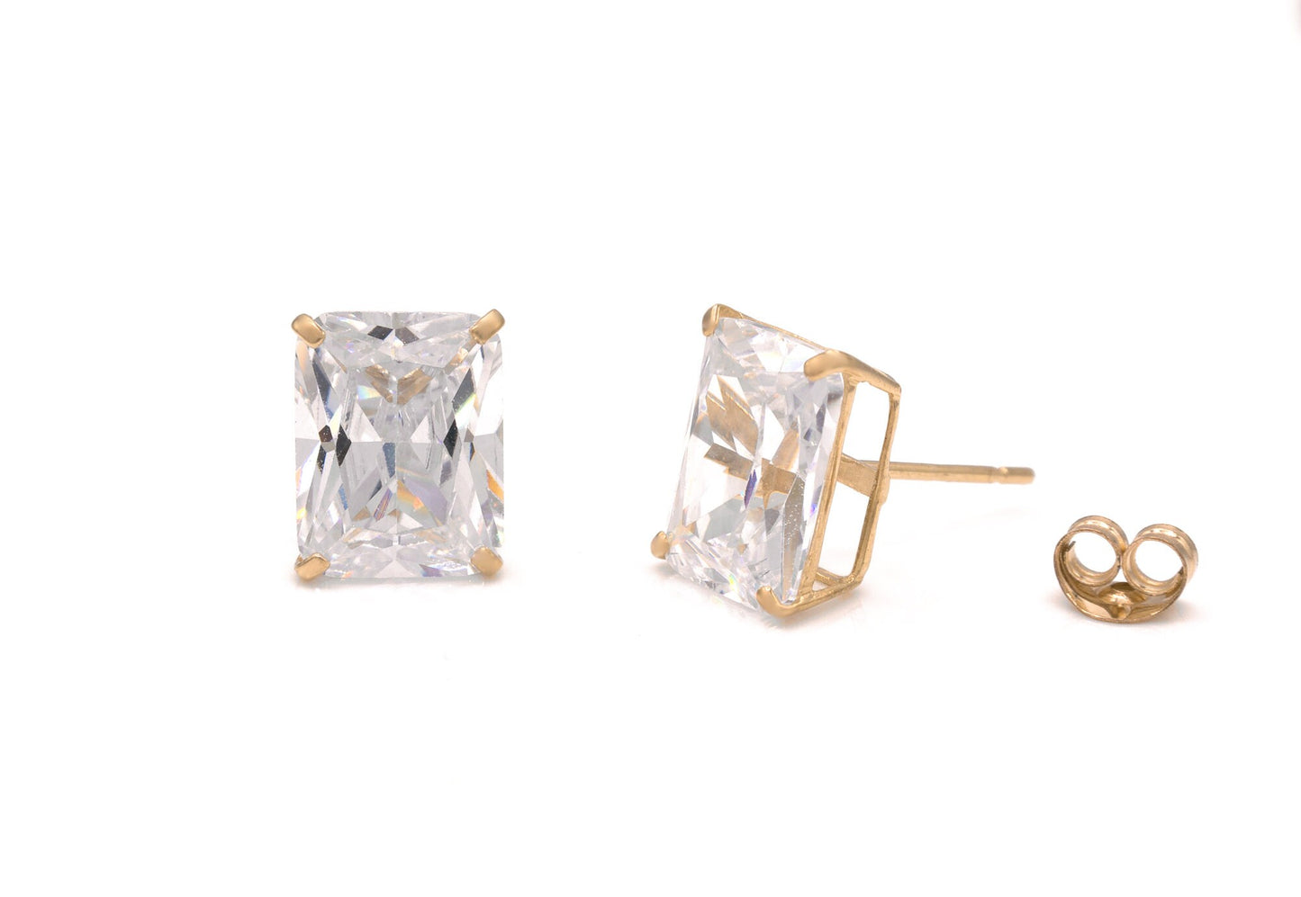 Emerald-Cut Created Diamond Solitaire Earrings Solid 14K Yellow or White Gold Basket Studs, Push-back