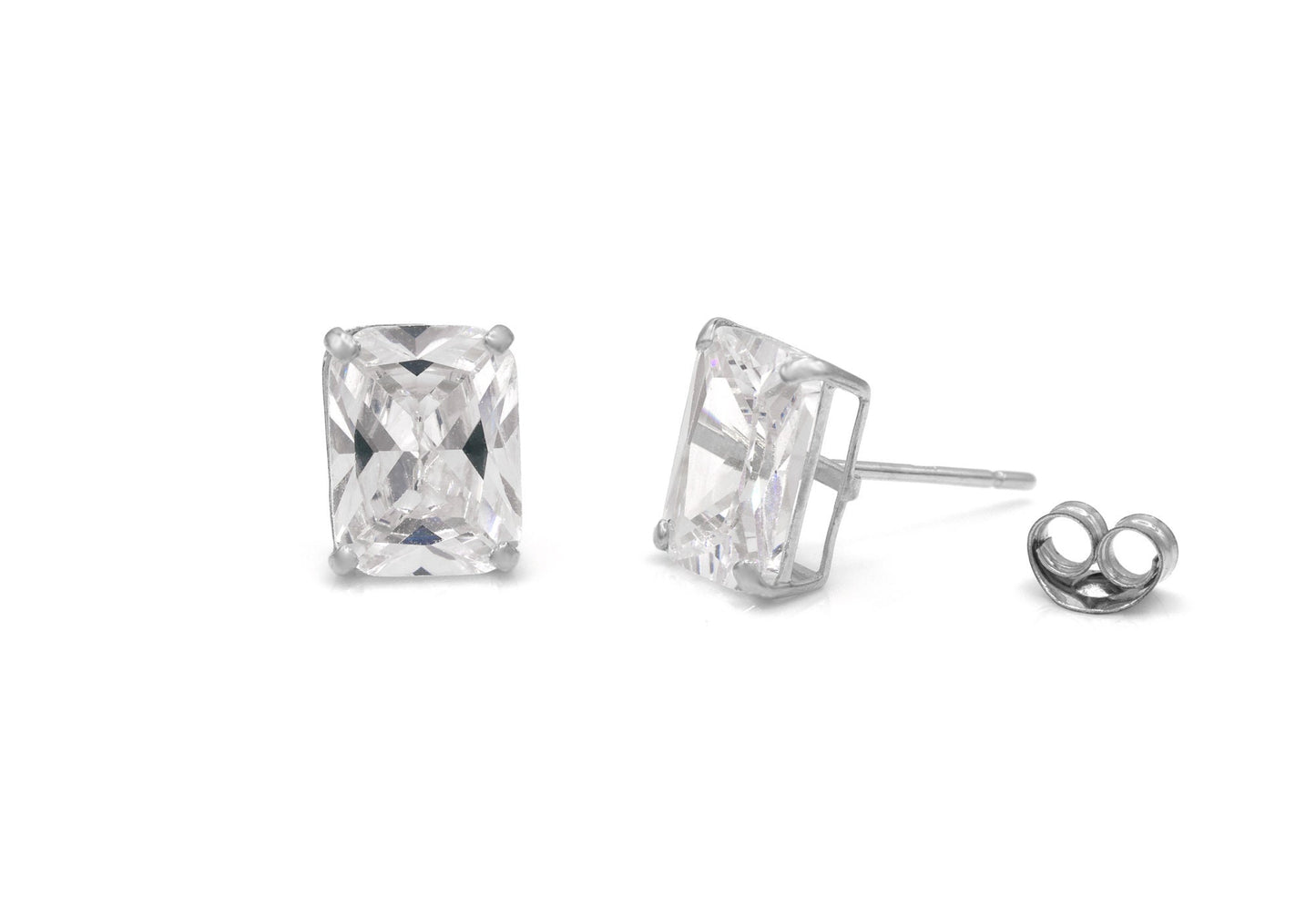 Emerald-Cut Created Diamond Solitaire Earrings Solid 14K Yellow or White Gold Basket Studs, Push-back