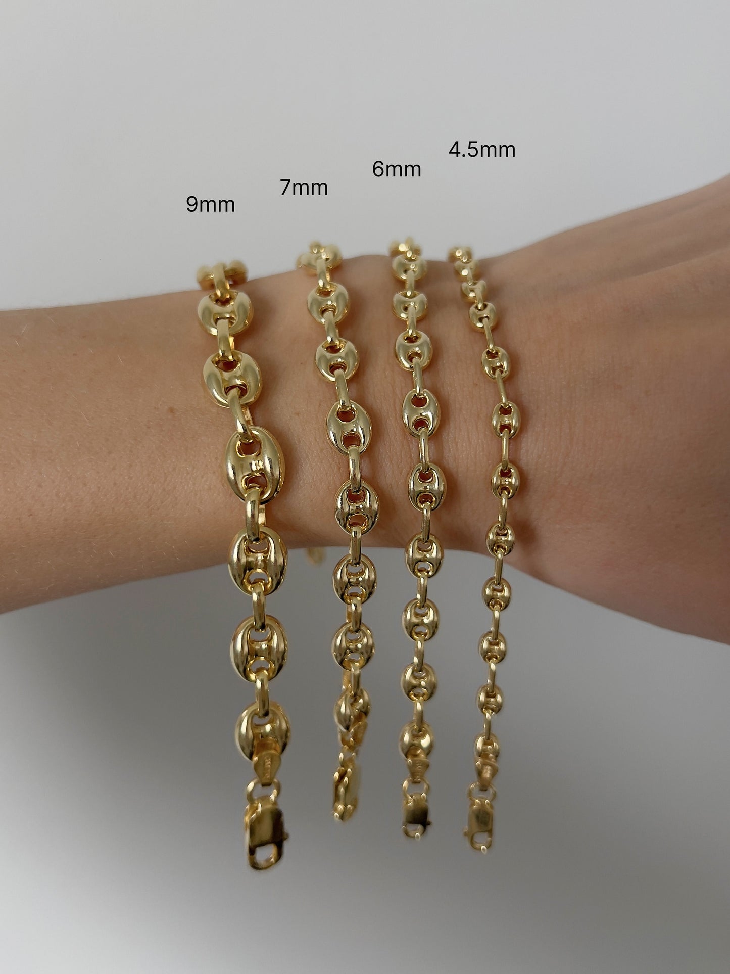 Gold Mariner Link Chain Bracelet Puffed Anchor 14K Yellow Gold plated Silver 925 ALL SIZES, gift for her, gift for him