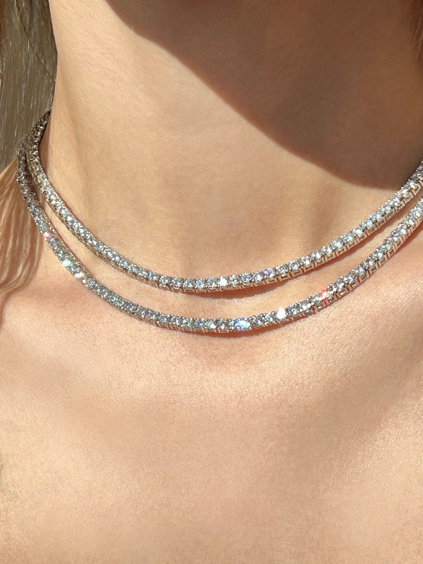 Tennis Necklace 3mm 13.75-78.00TCW Round Created Diamond 925 Solid Sterling Silver Chain