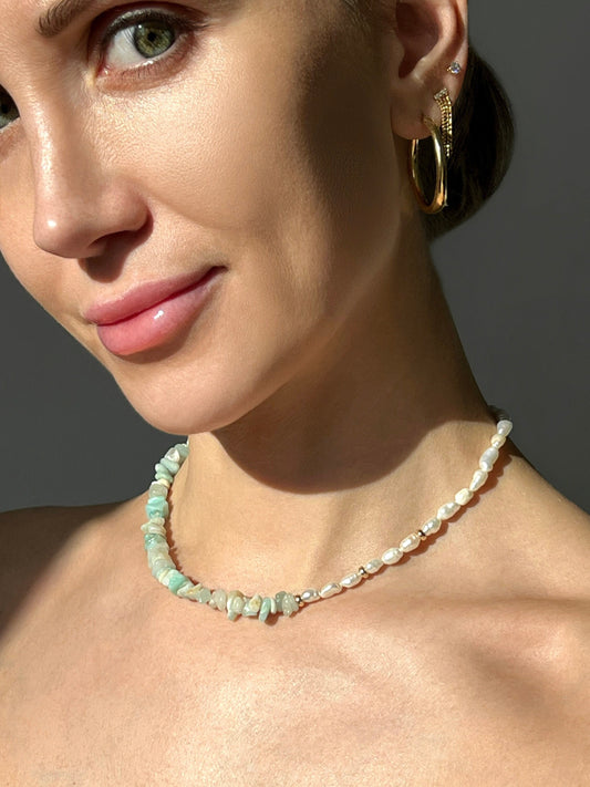 Natural Pearl and Amazonite Necklace Oval pearls Beaded choker with 14K Yellow / White Gold clasp and Rondelle gold Beads (optional)