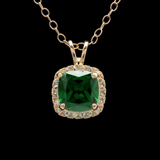 1.50CT Cushion Green Emerald Halo Created Diamond Pendant Solid 14k Yellow Gold