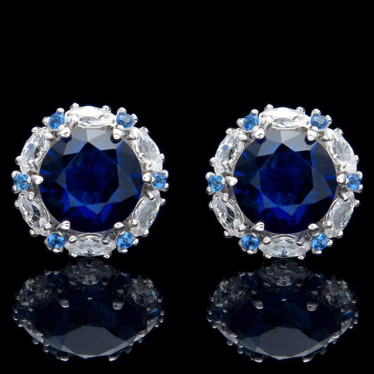 Marquise Halo Stud Earrings 2.00 CT Blue Sapphire Created Diamond 14k Yellow gold, 14k White Gold