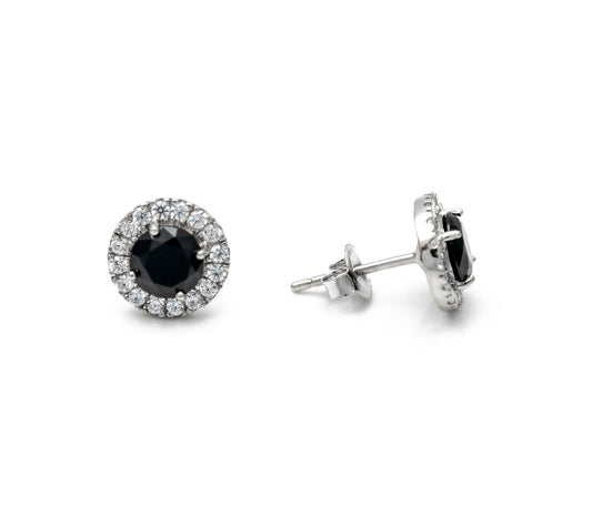 Halo Created Black & Clear Diamond Round Earrings 925 Sterling Silver 8mm / 10mm