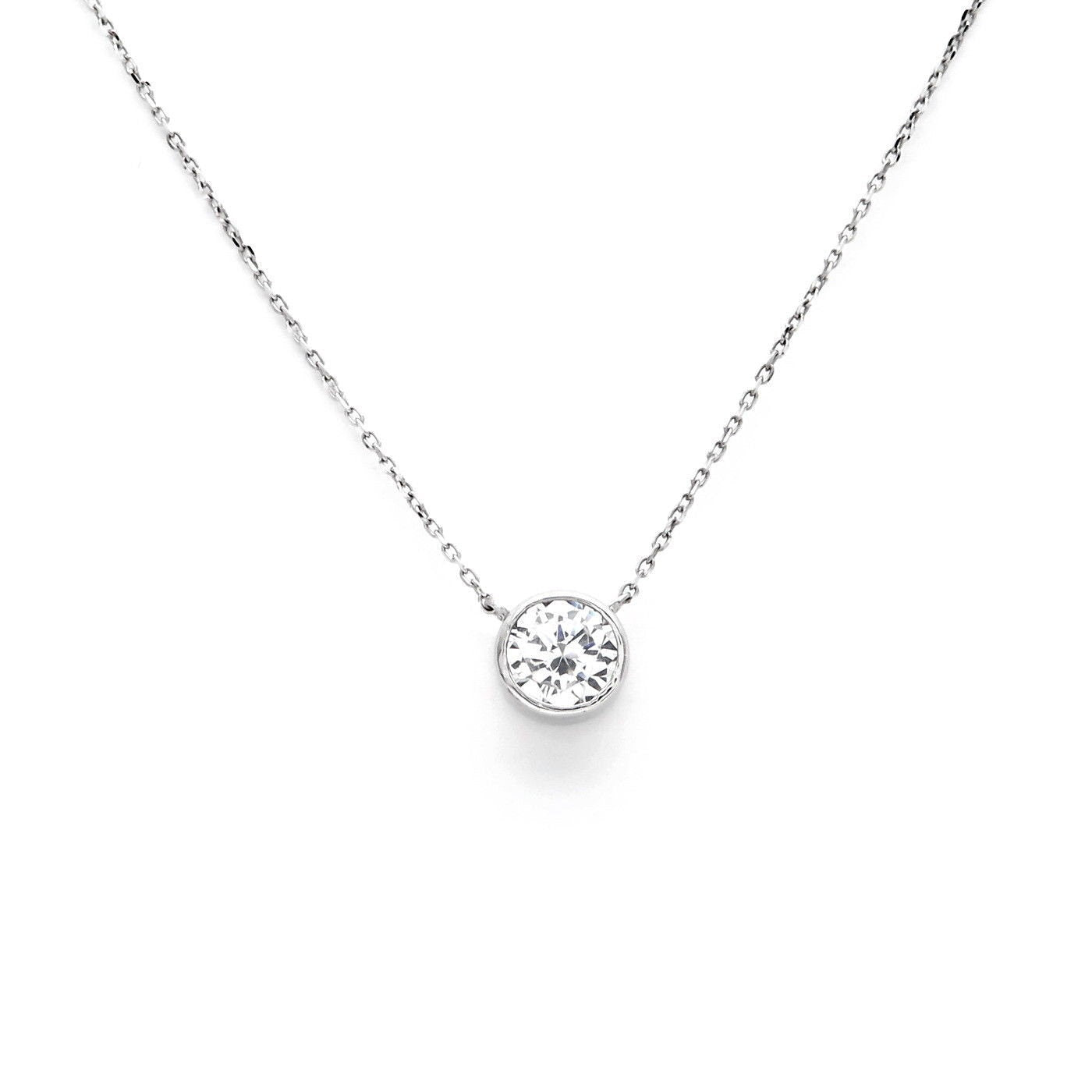 Bezel Necklace 2.00ct Brilliant Created Diamond 16" + 2" Chain Solid 14k Yellow Gold/ 14k While Gold 14K Rose Gold / Pendant Set