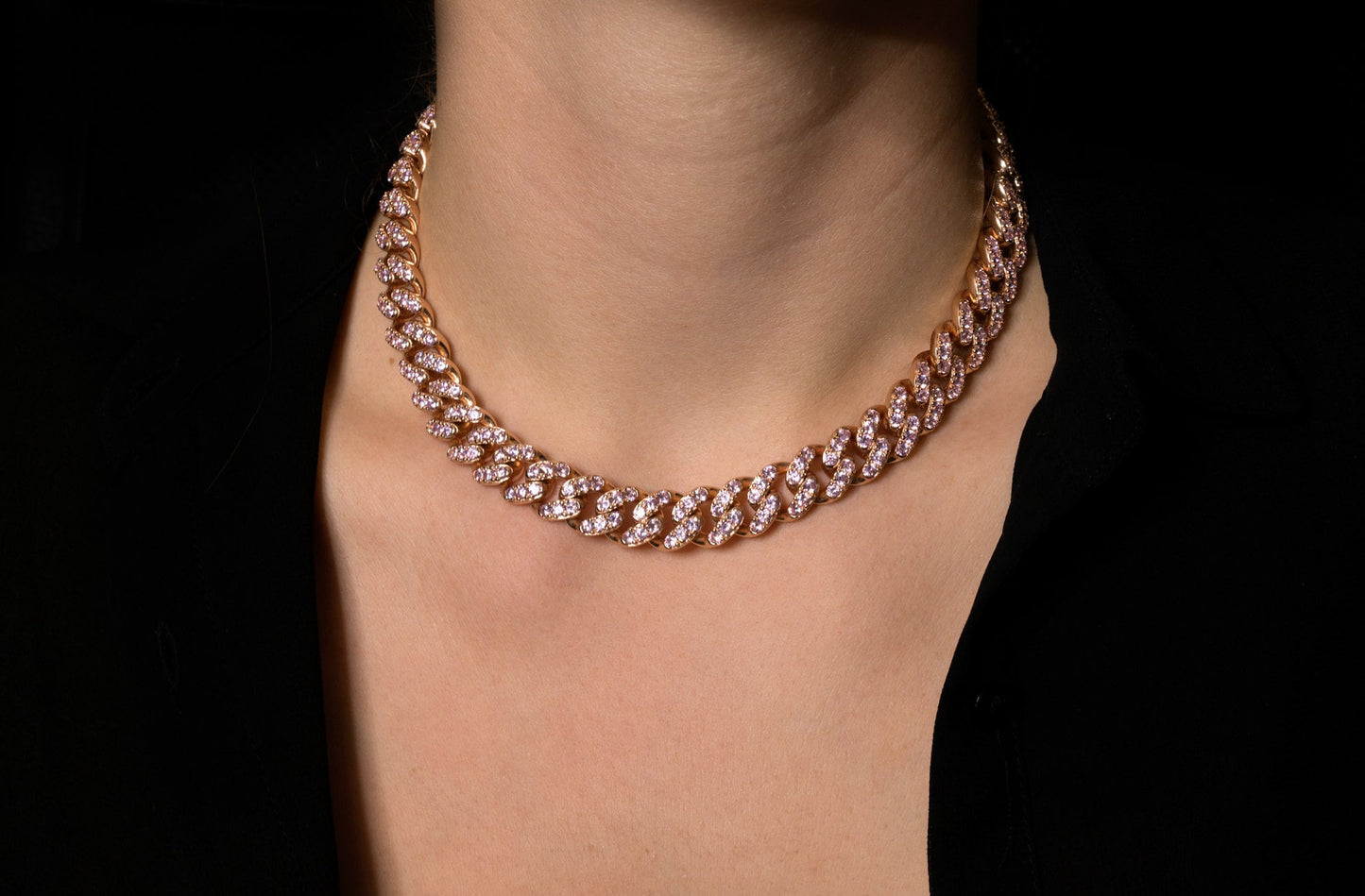 Pave Miami Cuban Curb Link Created Diamond Necklace Sterling Silver 925 Rose Gold Tone 16”