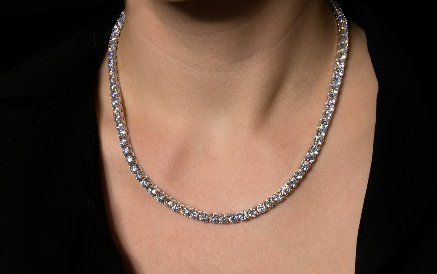 Tennis Necklace 5mm 36.00-67.00TCW Round Created Diamond 925 Solid Sterling Silver Chain