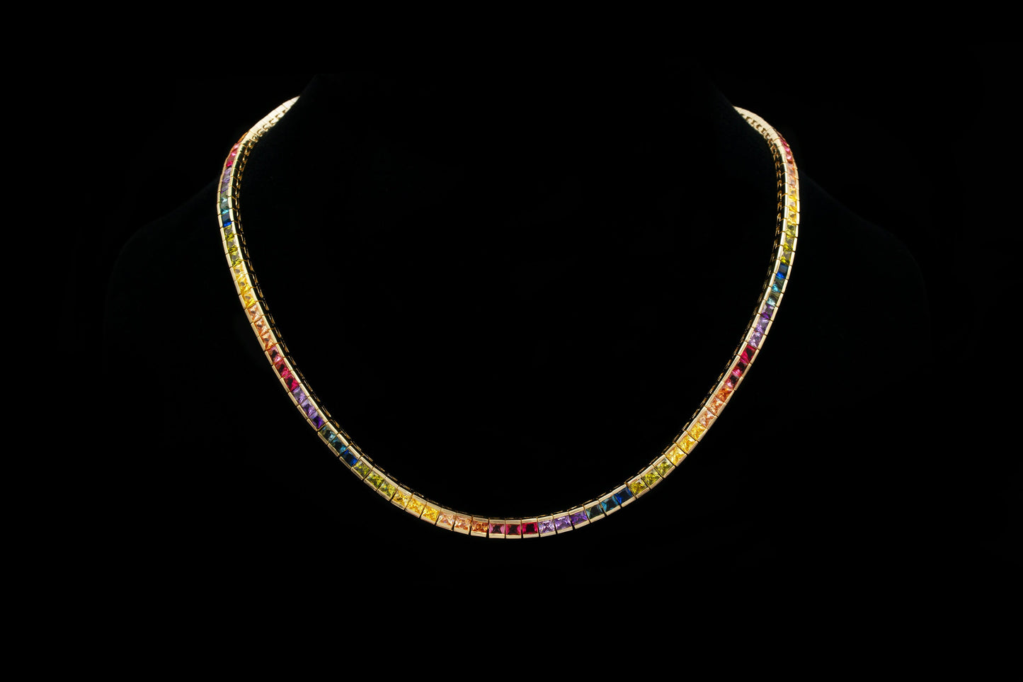 Tennis Chain Necklace 4mm 25.00TCW Princess Cut Channel Color Gemstone Rainbow 925 Solid Sterling Silver or Yellow Gold Tone 925