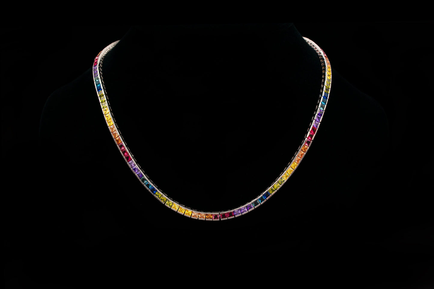 Tennis Chain Necklace 4mm 25.00TCW Princess Cut Channel Color Gemstone Rainbow 925 Solid Sterling Silver or Yellow Gold Tone 925