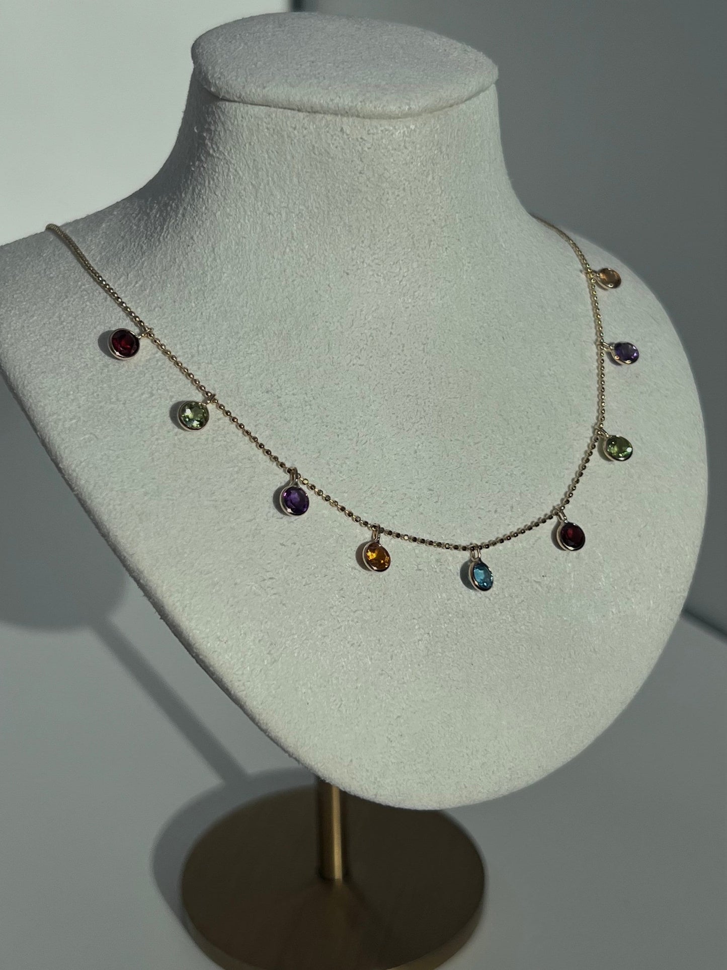 Cleopatra Style Bezel Natural Gemstones Chain Necklace Solid 14K Yellow/White Gold 2.25TCW Topaz/Peridot/Amethyst/Garnet/Sapphire