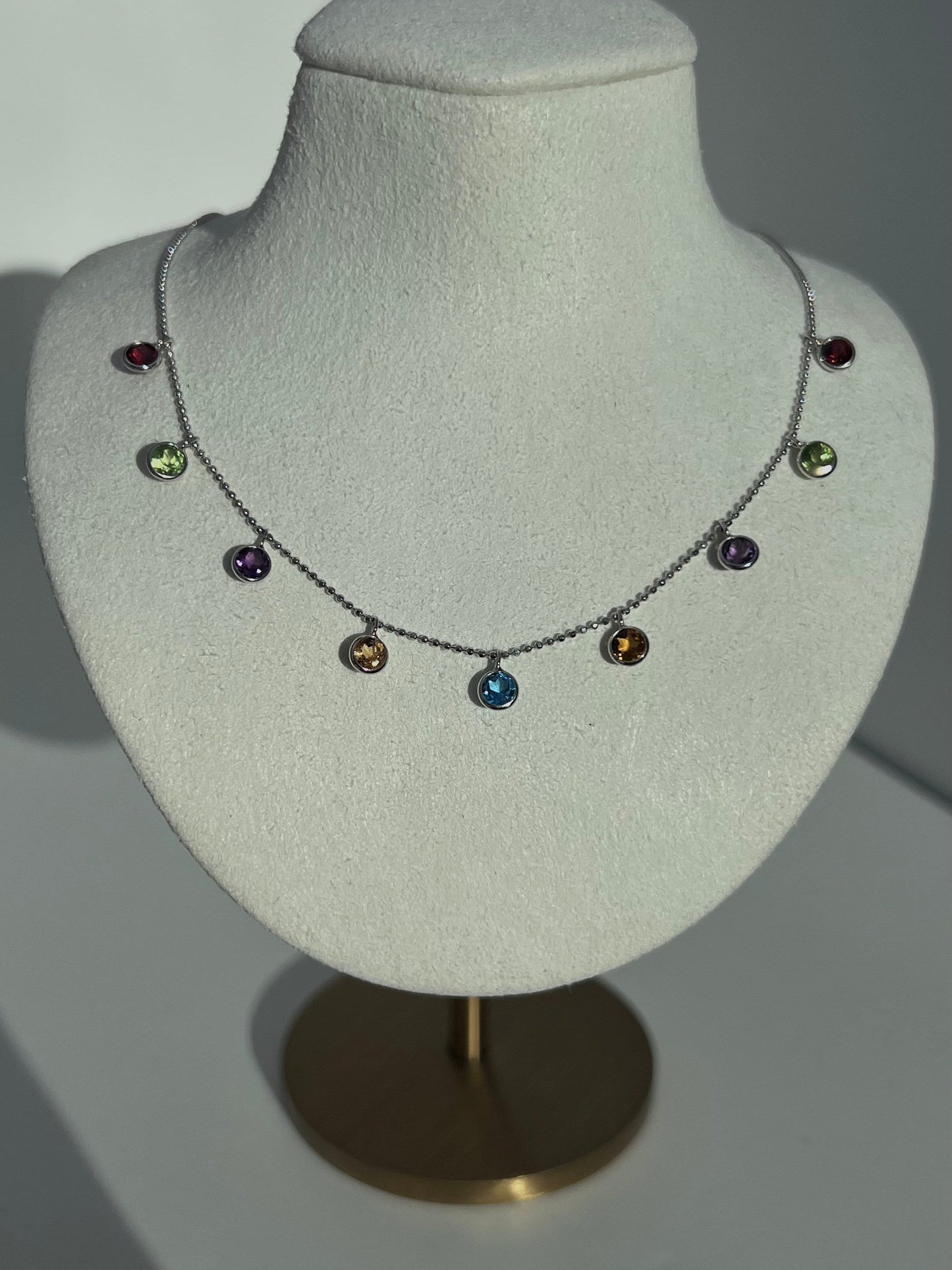 Cleopatra Style Bezel Natural Gemstones Chain Necklace Solid 14K Yellow/White Gold 2.25TCW Topaz/Peridot/Amethyst/Garnet/Sapphire