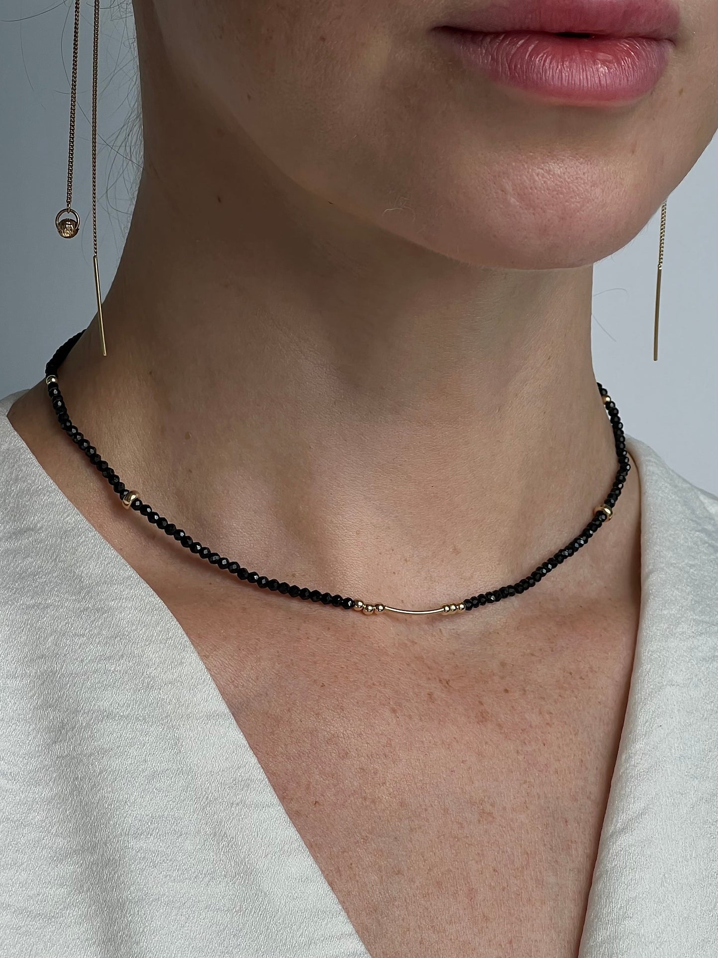 Natural Black Spinel Beaded Necklace Round with 14K Yellow/White Gold clasp and Beads (optional)